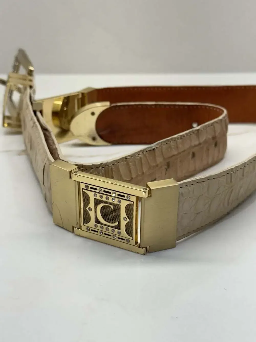 Cuadra Men's Cream Genuine Caiman Fuscus Skin Belt with Rhinestone Buckle